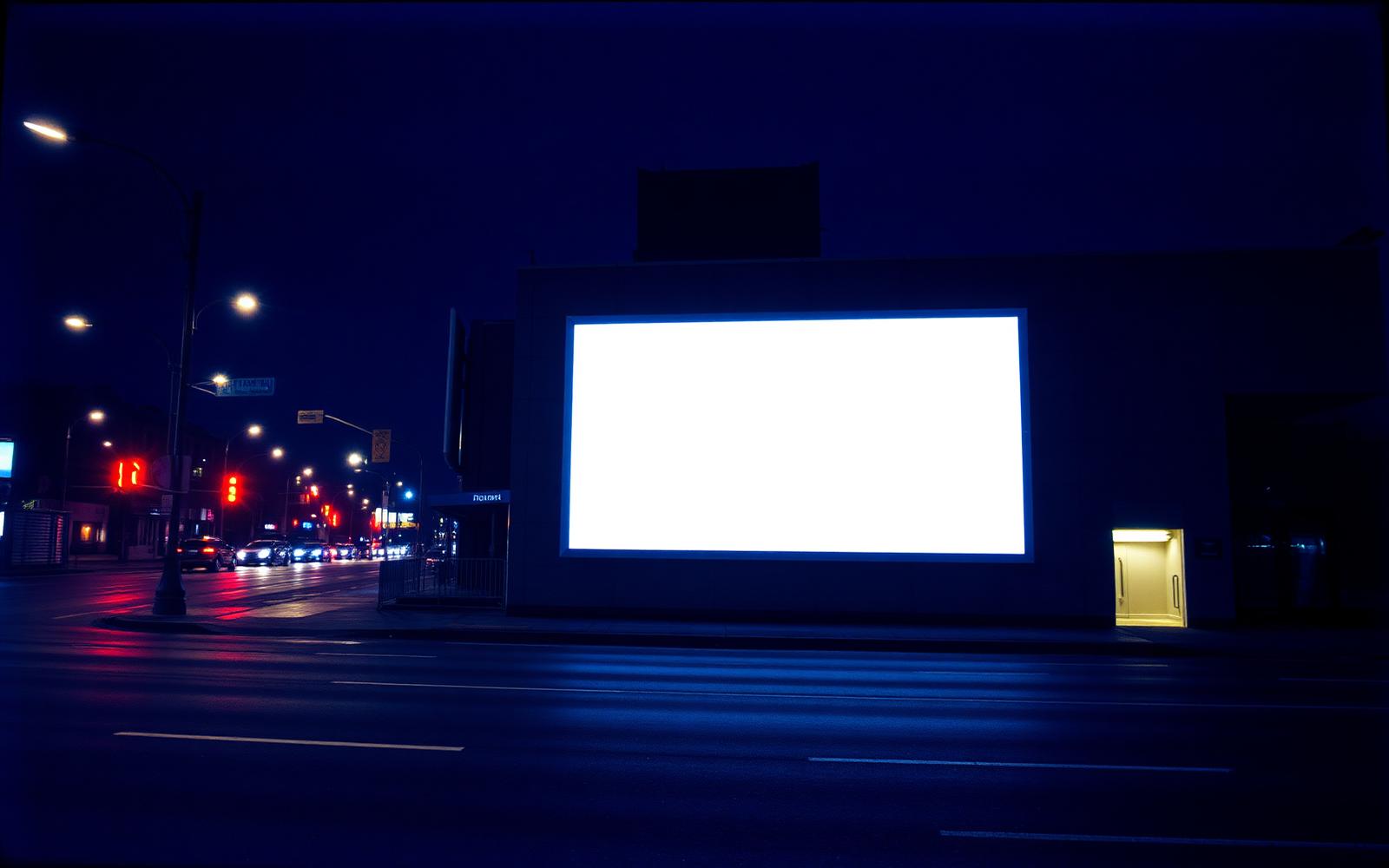Blank billboard on a city street at dusk