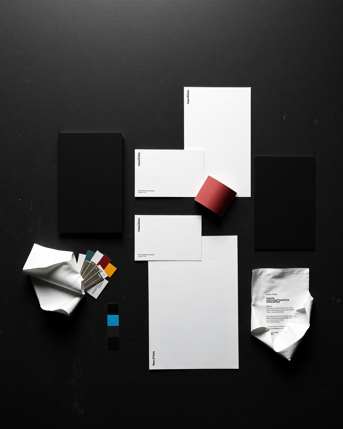 Monochrome identity system laid out on black concrete